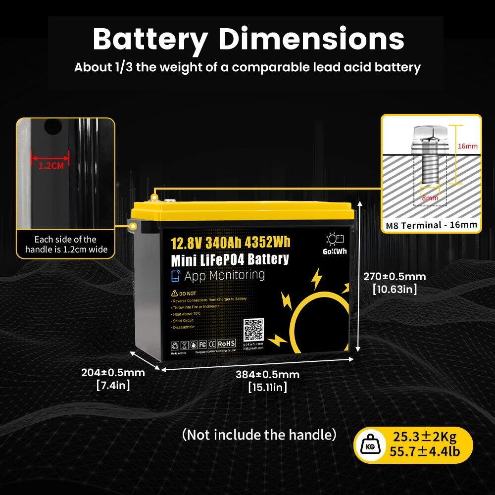12V 340AH Vehicle Storage Box 4352Wh Mini LiFePO4 Battery Built-in 200A Bluetooth BMS
