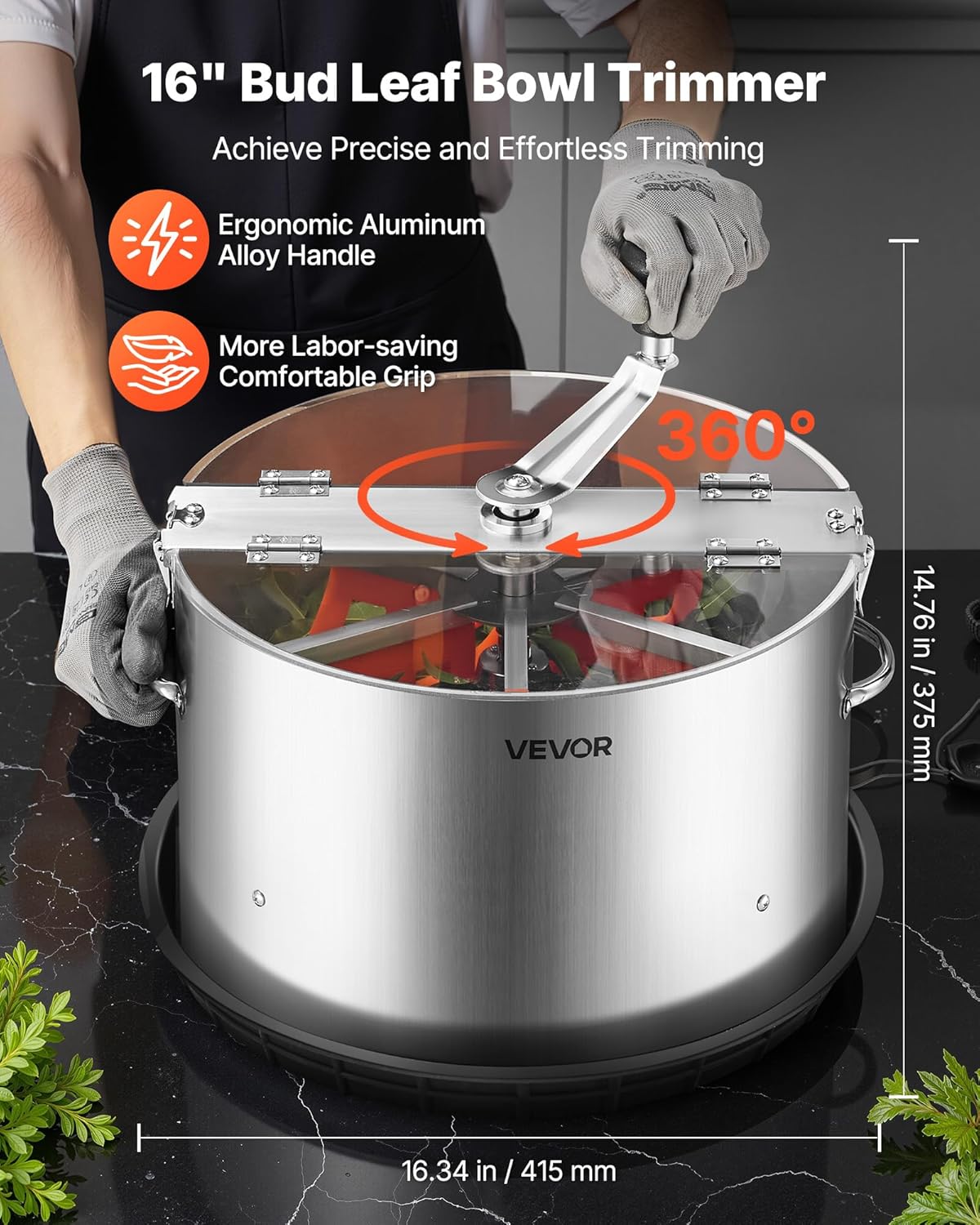 Greenzech Manual Bowl Leaf Trimmer 16" – Stainless Steel Blades, Wet/Dry Hydroponic Bud Trimmer with Clear Lid, Silicone Fingers & Tray