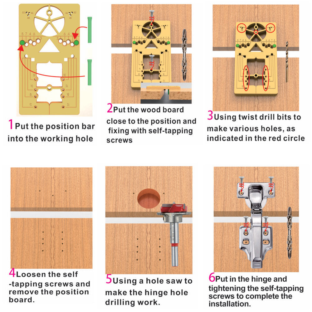 7-Piece 35mm Hinge Hole Guide Set - Durable YG8 Alloy & Carbon Steel for Woodworking, Door & Cabinet Construction