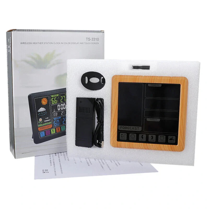 Wireless Touch Screen Weather Station Clock – Indoor/Outdoor Temp/Humidity, Atomic Time, Forecast, USB Charger, Snooze