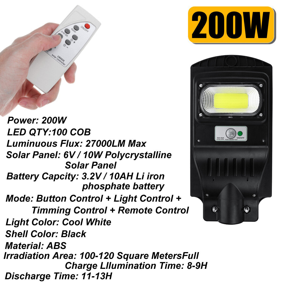 100/200/300COB Remote Solar Wall Street Light PIR Motion Outdoor Garden Light