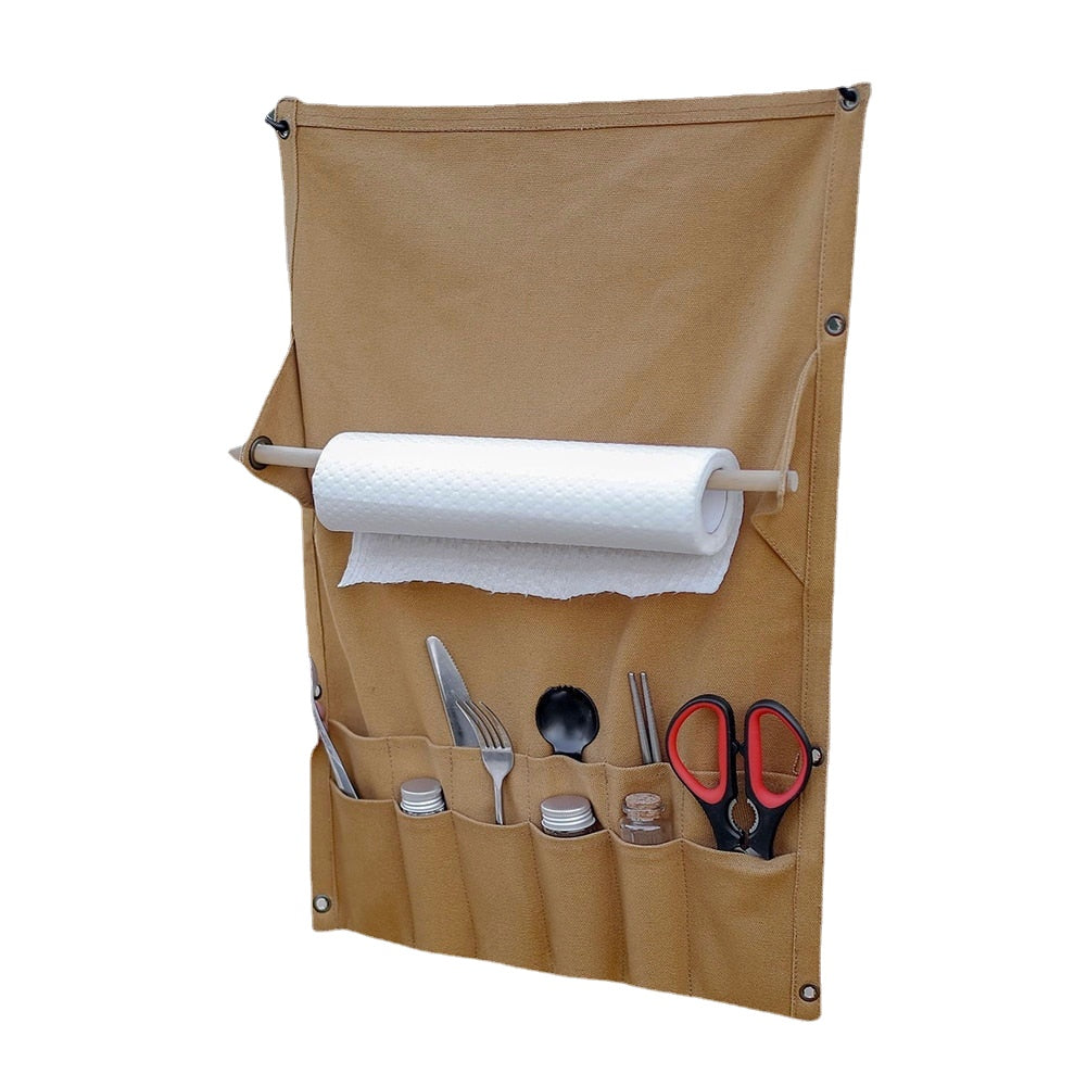 Camping Tableware Storage Bag Multi Pocket Canvas Portable Towel Storage Rack Outdoor Hiking Cutlery Hanging Holder