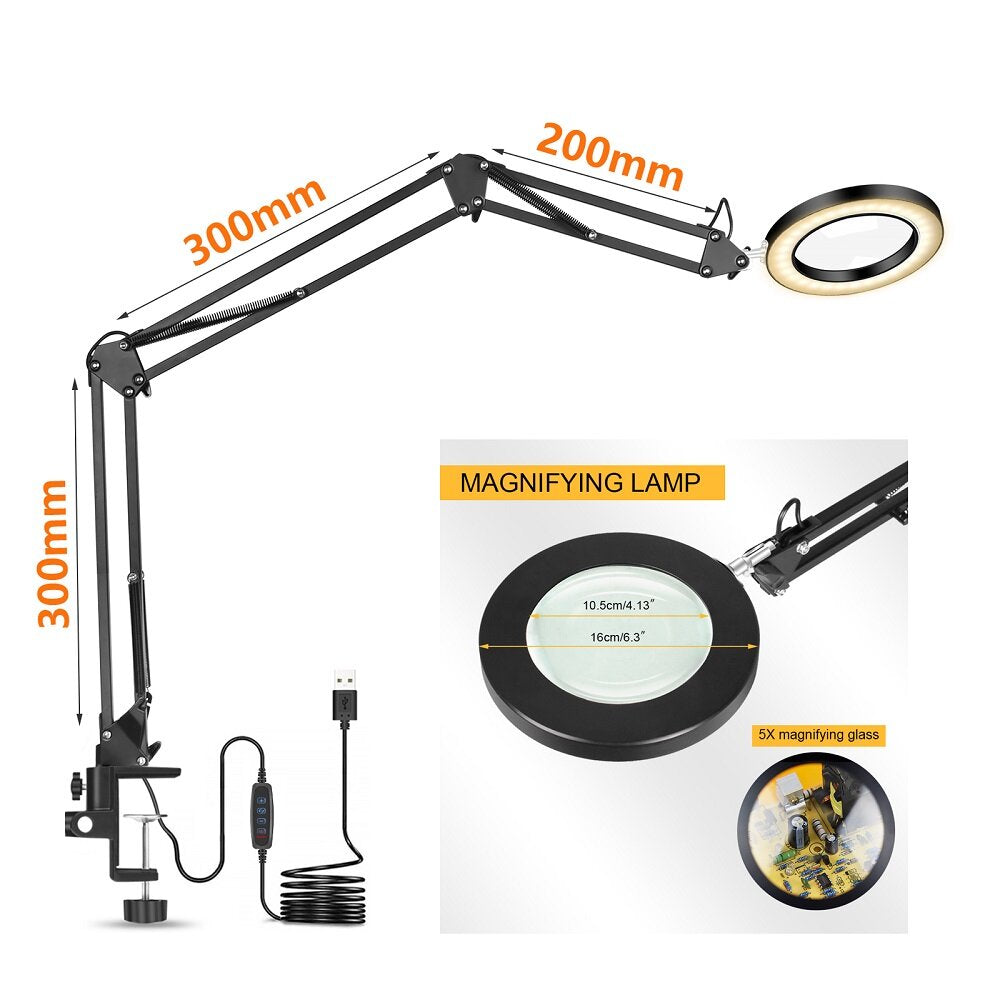 Welding Magnifying Glass LED Table Desk Lamp Three-Section Folding Handle Magnifier for Nail Repair Lighting Read