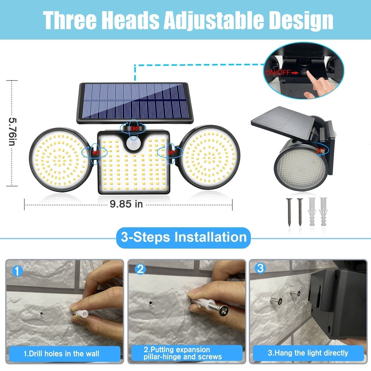 260LED Solar Wall Light Outdoor Courtyard Motion Sensor Security Lamp Round Three-head Spotlight for Garden Aisle Waterproof