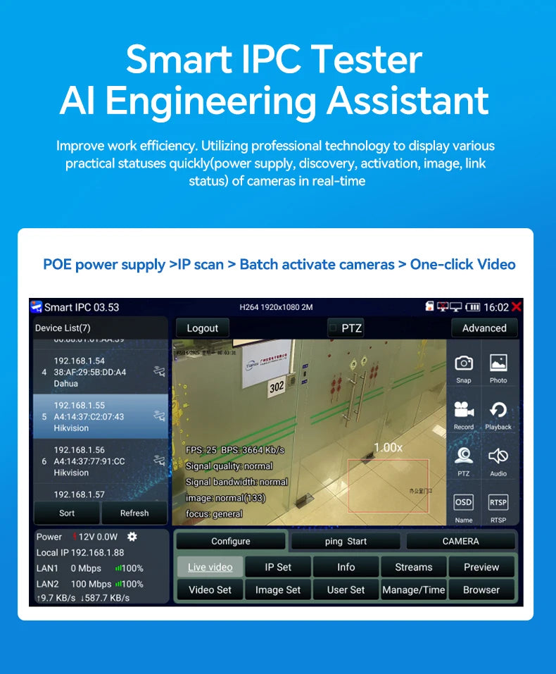 IPC Camera Tester 8 Inch Touch Screen 12V 24V HDMIVGA PoE TDR VFL CVBS AHD TVI CVI IP Camera Tester Optical Power Meter