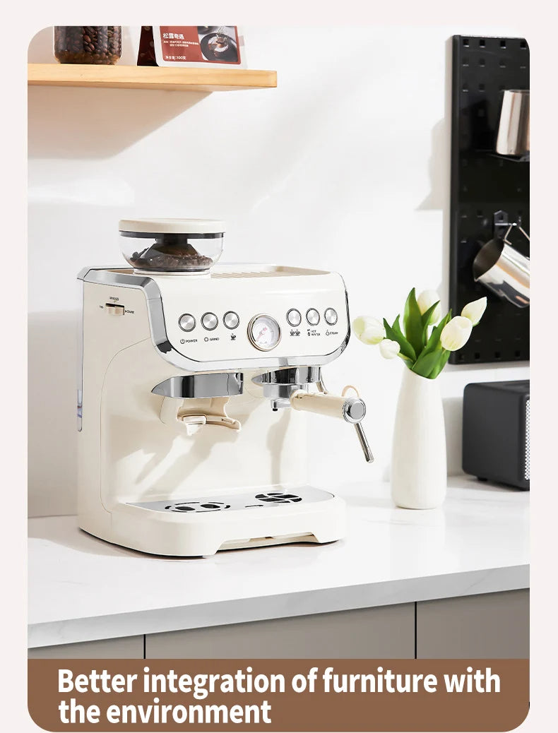 1450W 20 Bar Espresso Machine with Built-in Grinder Visual Pressure Gauge 2L Water Tank Steam Wand Pre-Infusion Cappuccino Latte Machine