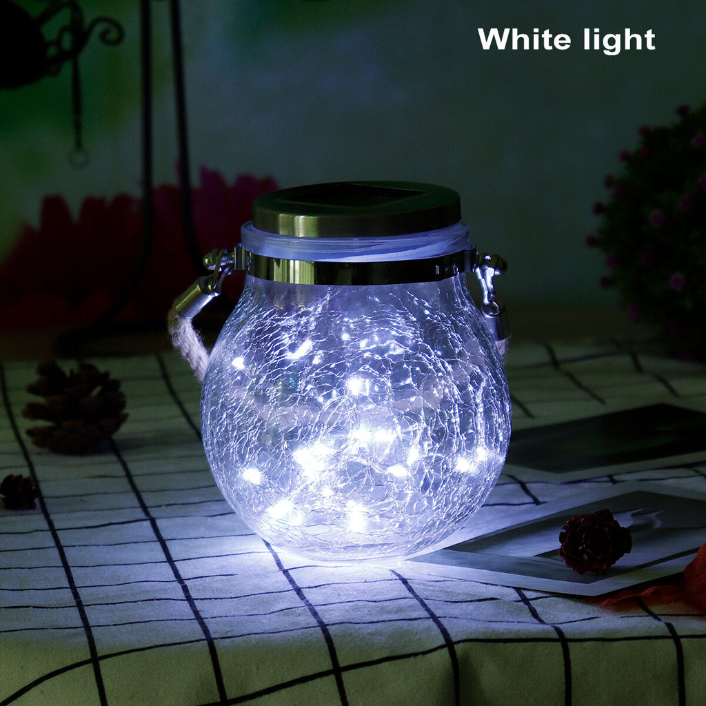 Hanging Solar Powered Crackle Glass Jar Lamp Lantern String Fairy Light Romantic Indoor Outdoor Decoration