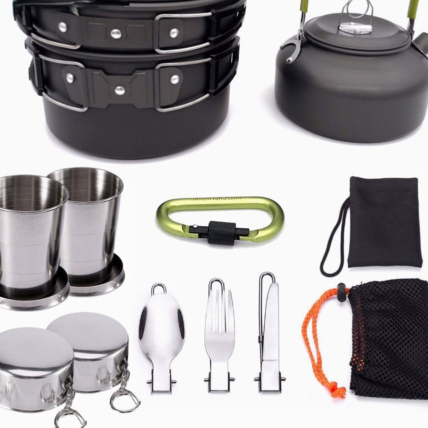 1 Set Outdoor Pots Pans Camping Cookware Picnic Cooking Set Non-stick Tableware With Foldable Spoon Fork Knife Kettle Cup