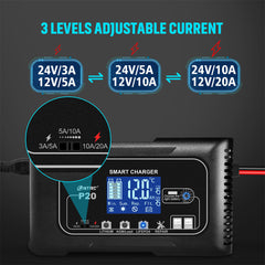 20A P20 12V-24V Smart Battery Charger For Car Motorcycle Battery Repair Charging For Auto Moto Lead Acid AGM Lithium LiFePo4 Batteries