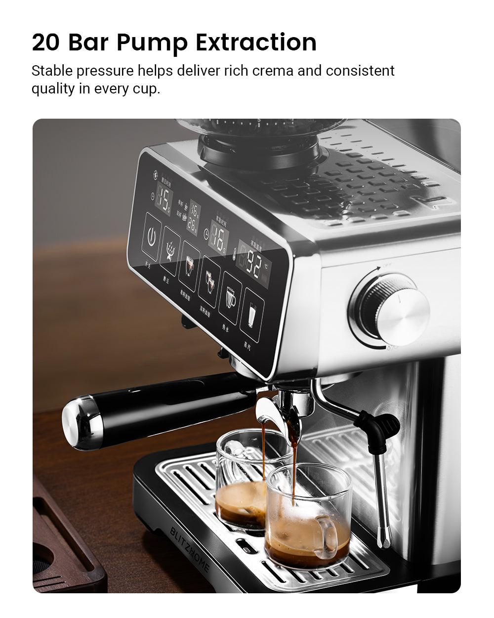 Espresso Coffee Machine 20Bar 1150W with Built-in Conical Burr Grinder PID & NTC 51mm Portafilter Manual Steam Wand