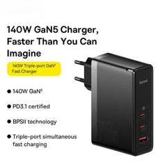 140W USB-C Charger with 2 Ports, EU Plug, Fast Charging, Compact Design for Phones, Tablets, Laptops - Black