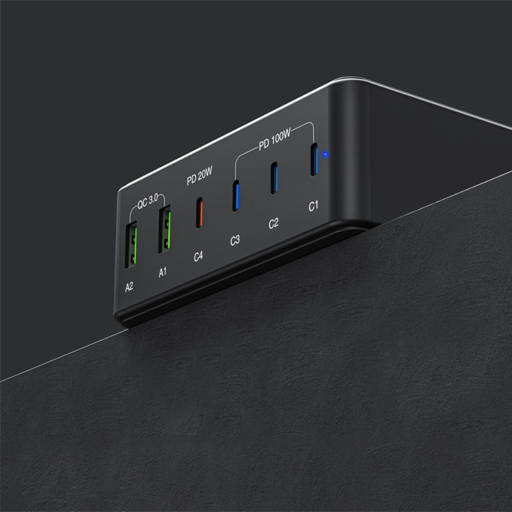 140W Desktop Charging Station - 2 USB-A & 4 USB-C Ports, EU Plug, Fast Charging, Compact Design, Black