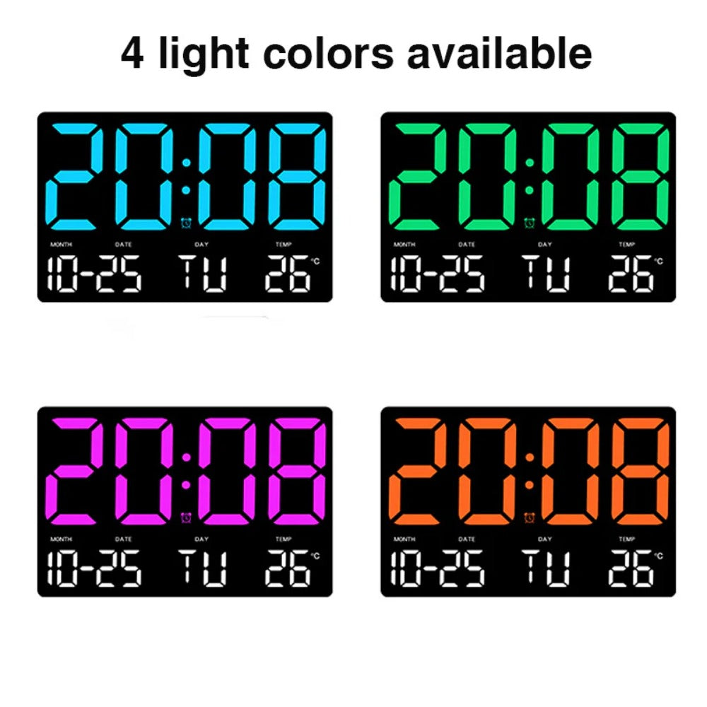 Large Digital Wall Clock with LED Display, Adjustable Brightness, Indoor Temperature, Date, Week, 12/24H for Home, Office, Classroom