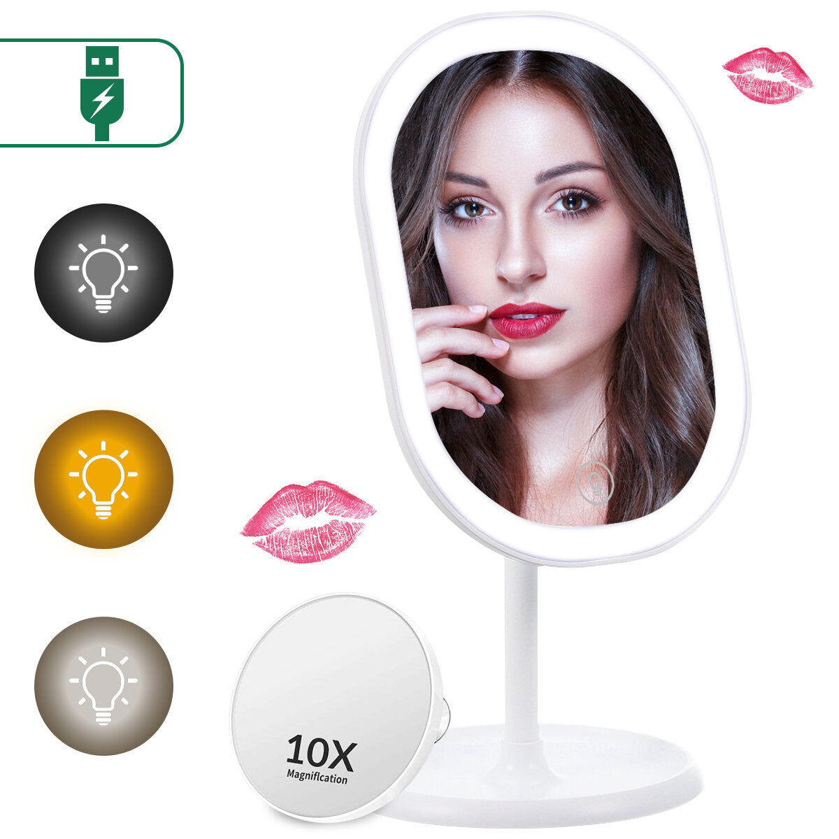 Professional Makeup Mirror with LED Light USB Charging 180Rotation 3 Light Mode 10X Magnification Touch Button Detachable Base