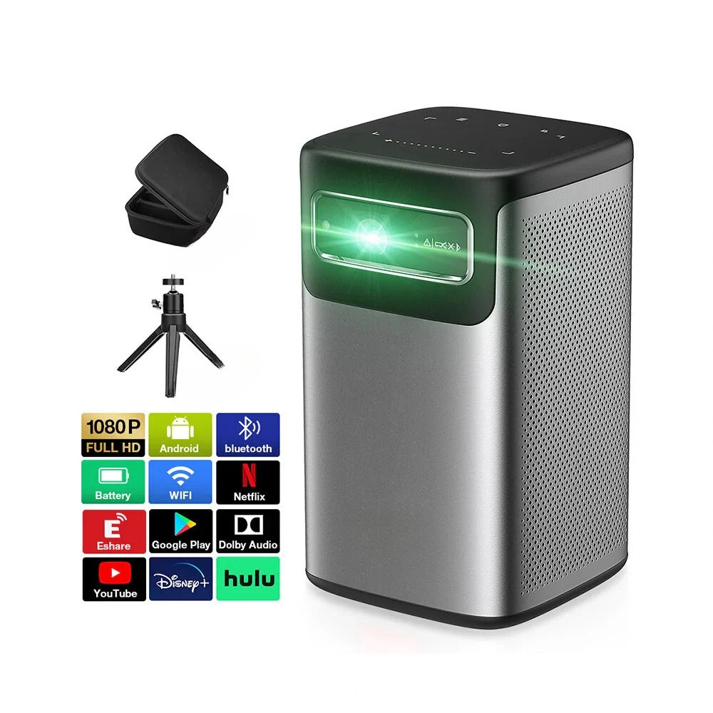 DLP Mini Projector with WIFI6, Android TV, Bluetooth 5.0, Auto Focus, Keystone Correction, Built-in Battery for Outdoor Movies
