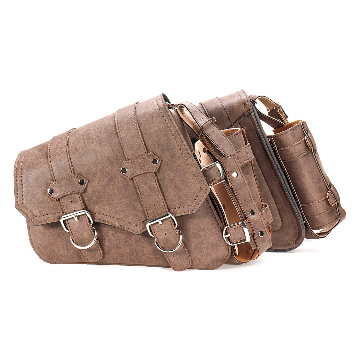 Vintage Brown PU Leather Left /Right Side Pannier Saddlebags W/ Bottle Holder