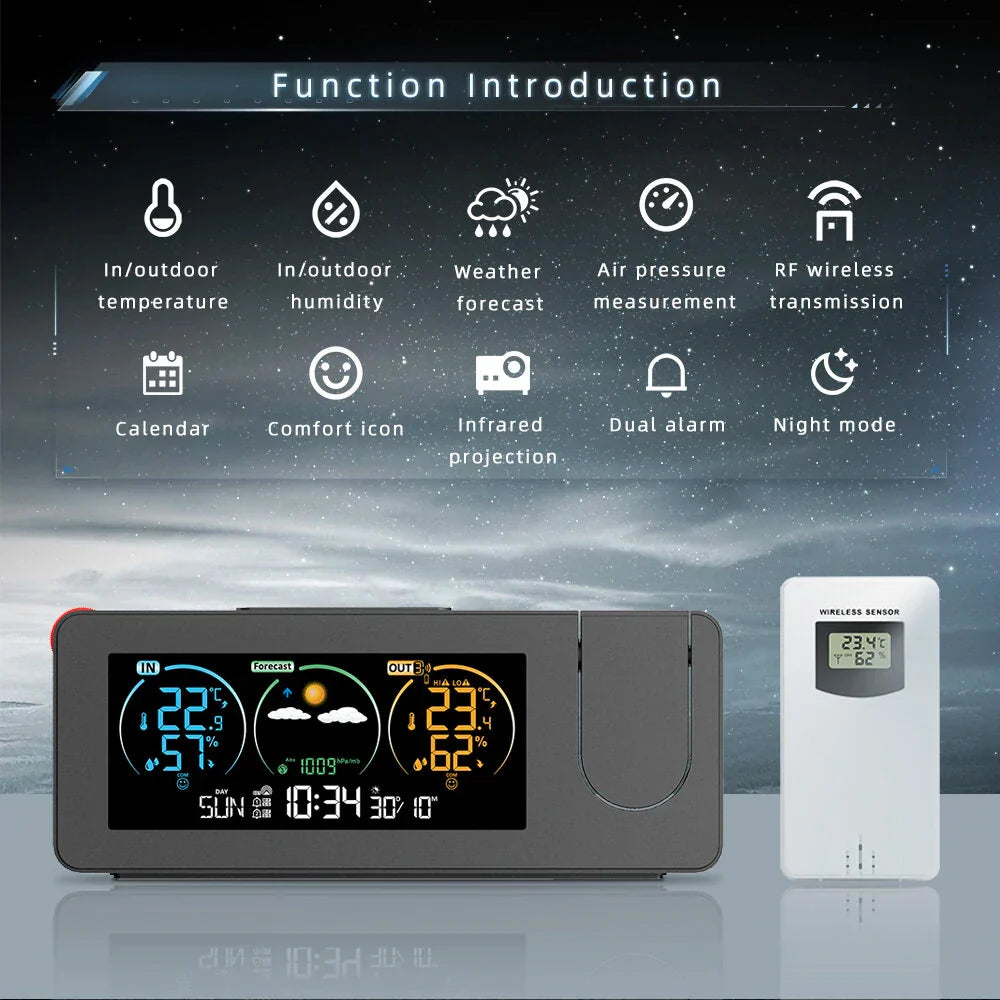 Weather Station Projection Alarm Clock Wireless Indoor Outdoor Thermometer with Atomic Clock and Rotating Projector Forecast Station with Calendar
