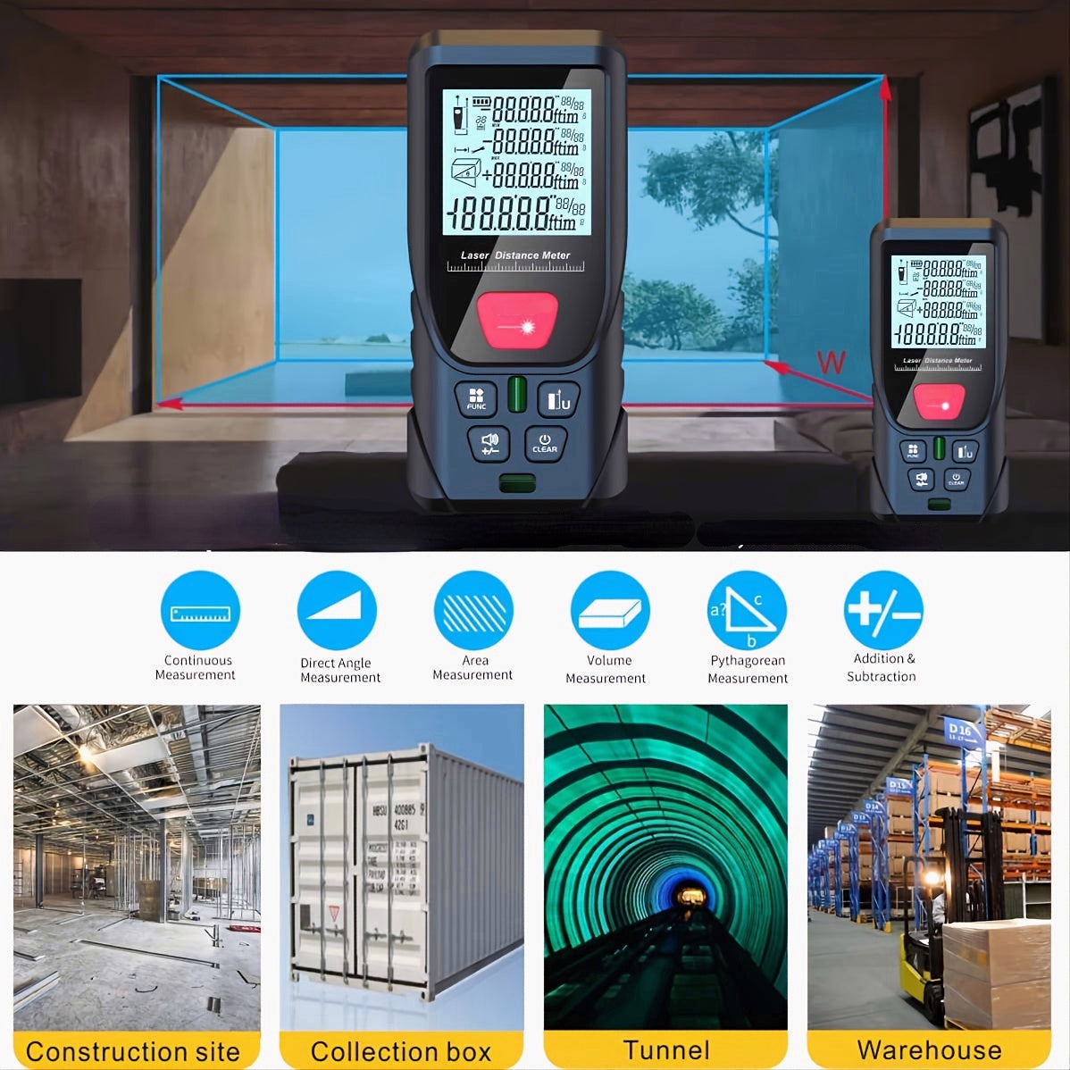 164ft Digital Laser Distance Meter with LCD for Measure Area and Volume