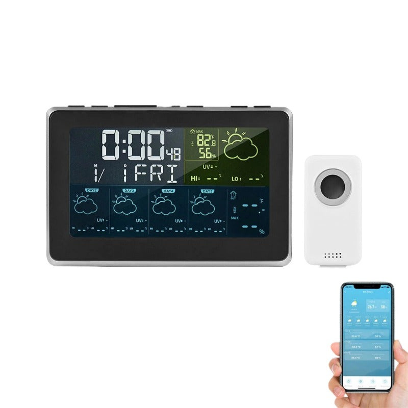 WiFi Weather Station Alarm Clock - Wireless Indoor/Outdoor Thermometer, Works with Tuya/Smart Life, 12/24H, Date/Week Display