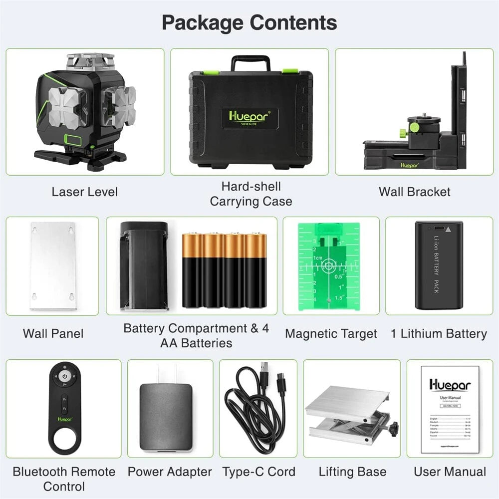 4D 16 Line Laser Level Self-Leveling LCD Screen Bluetooth Connectivity Rechargeable Battery IP54 Waterproof Type-C Charging