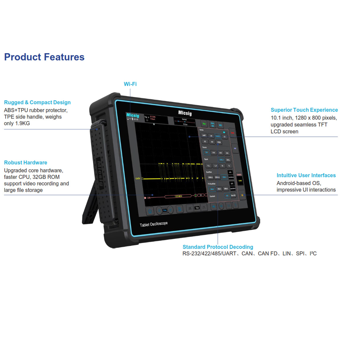 Tablet Oscilloscope 200MHz Bandwidth 1GSa/s Sampling Rate 10.1 Inch Touchscreen High-Resolution Professional Diagnostic Tool