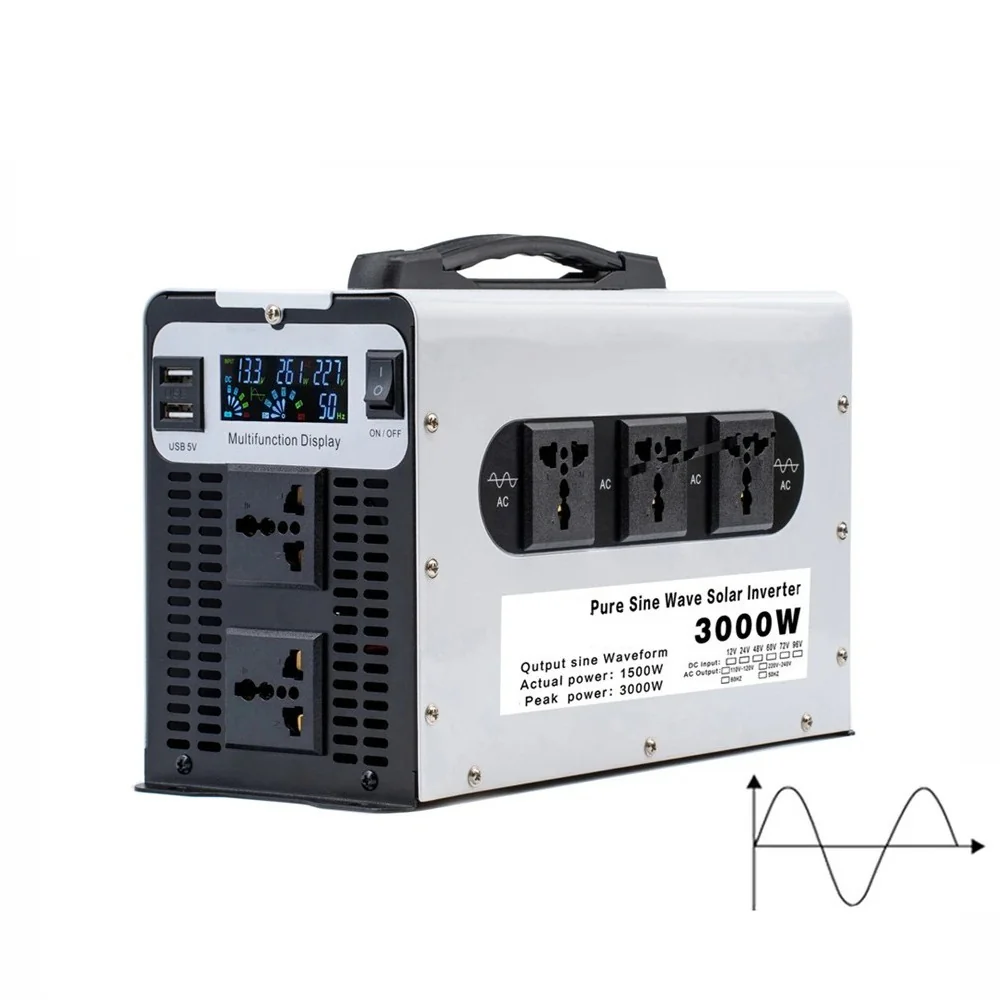 GreenZech VR 1500W Inverter | 3000W Peak Power | 12V 24V 48V 60V 72V to 110V 220V | 5-Socket Pure Sine Wave Converter