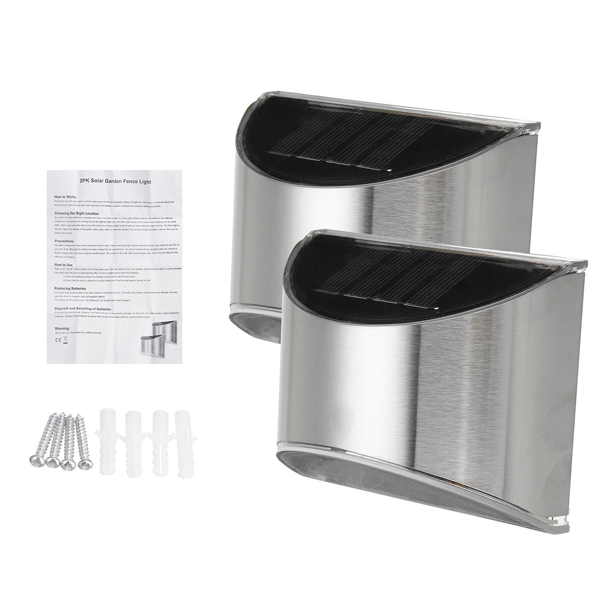 2pcs Waterproof Stainless Steel Solar Wall Lights Outdoor Fence Post Step Lights
