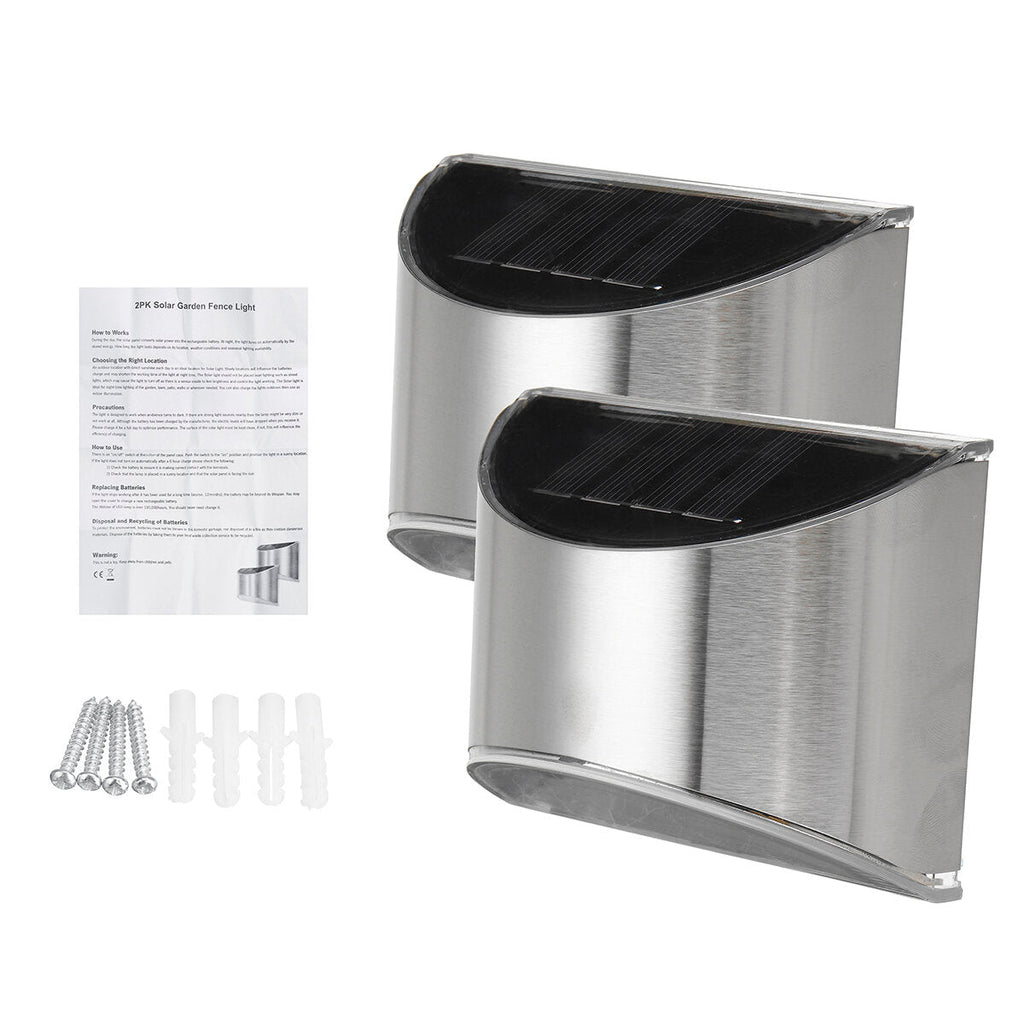 2pcs Waterproof Stainless Steel Solar Wall Lights Outdoor Fence Post Step Lights