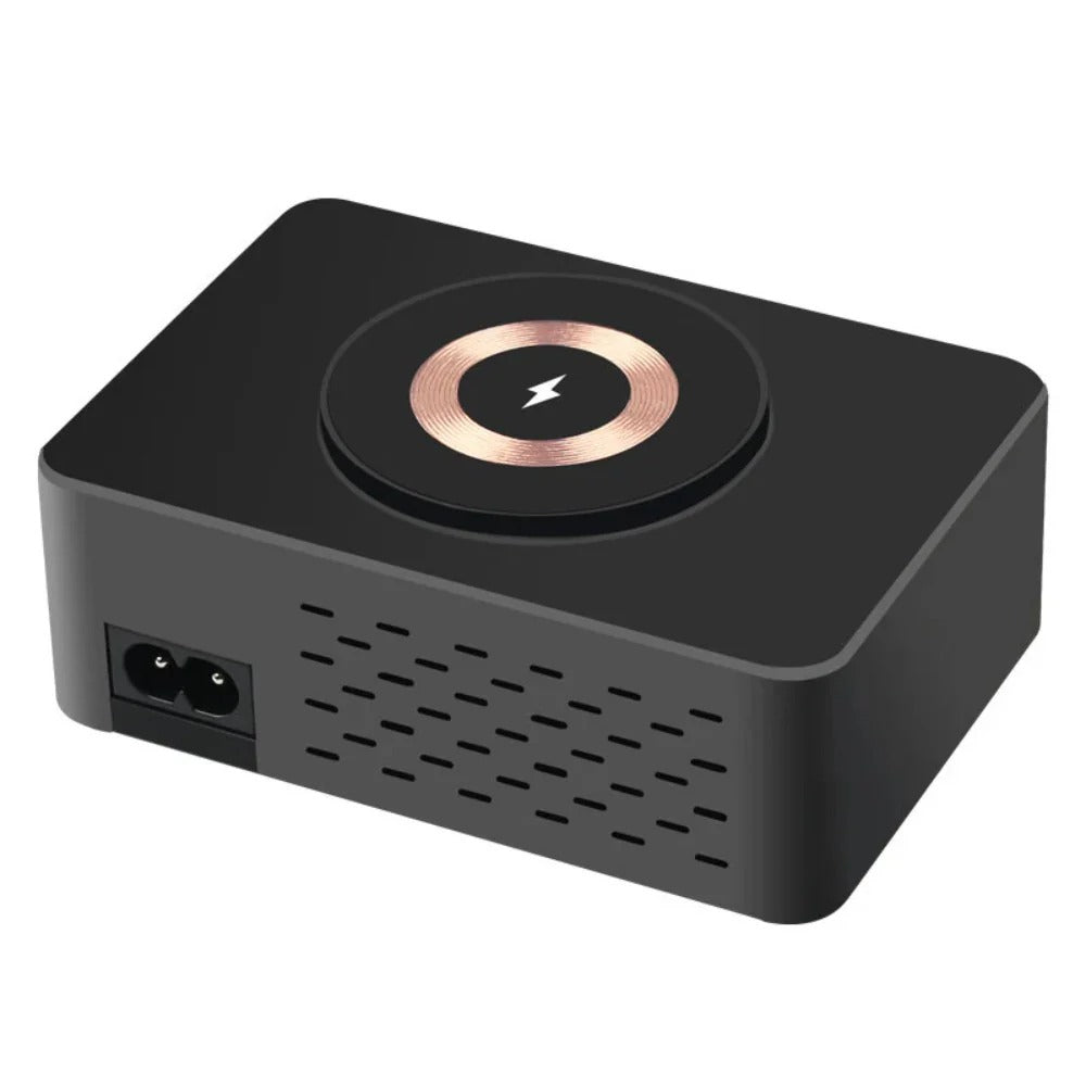 140W 8-Port USB PD Charger, Black, 4 USB-A & 4 USB-C, 15W Wireless Charging, EU/US Plug, Durable ABS+PC