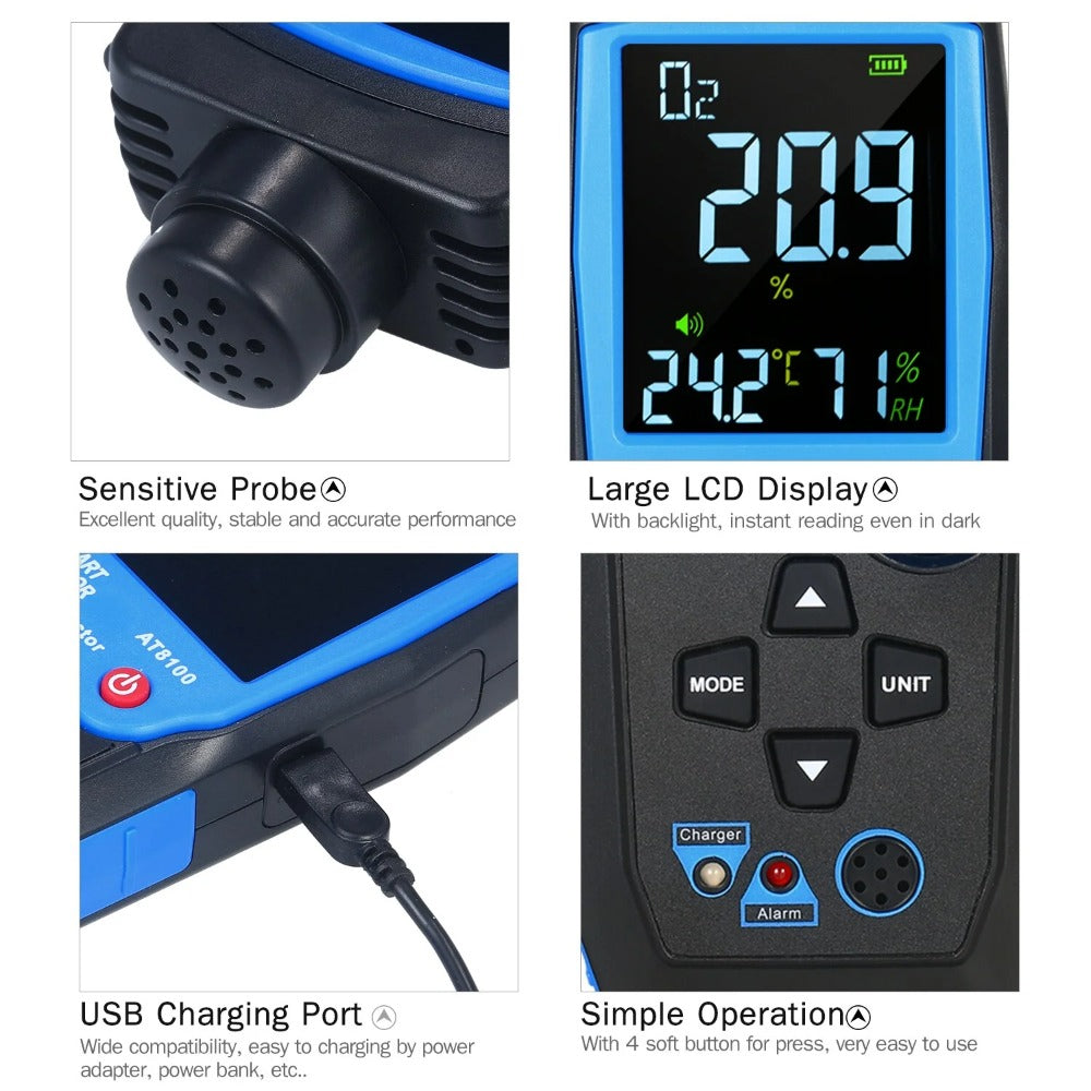 Handheld Digital Oxygen Detector USB Rechargeable O2 Sensor Tester Monitor LCD Display Adjustable Alarm