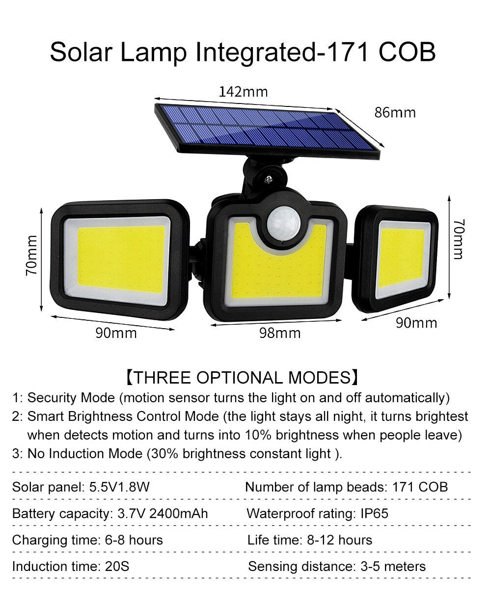 Solar Lights Outdoor 171COB 108/122/138LEDs Motion Sensor Light 3 Head Remote Control Wall Light 270 Wide Angle Flood Light for Garden