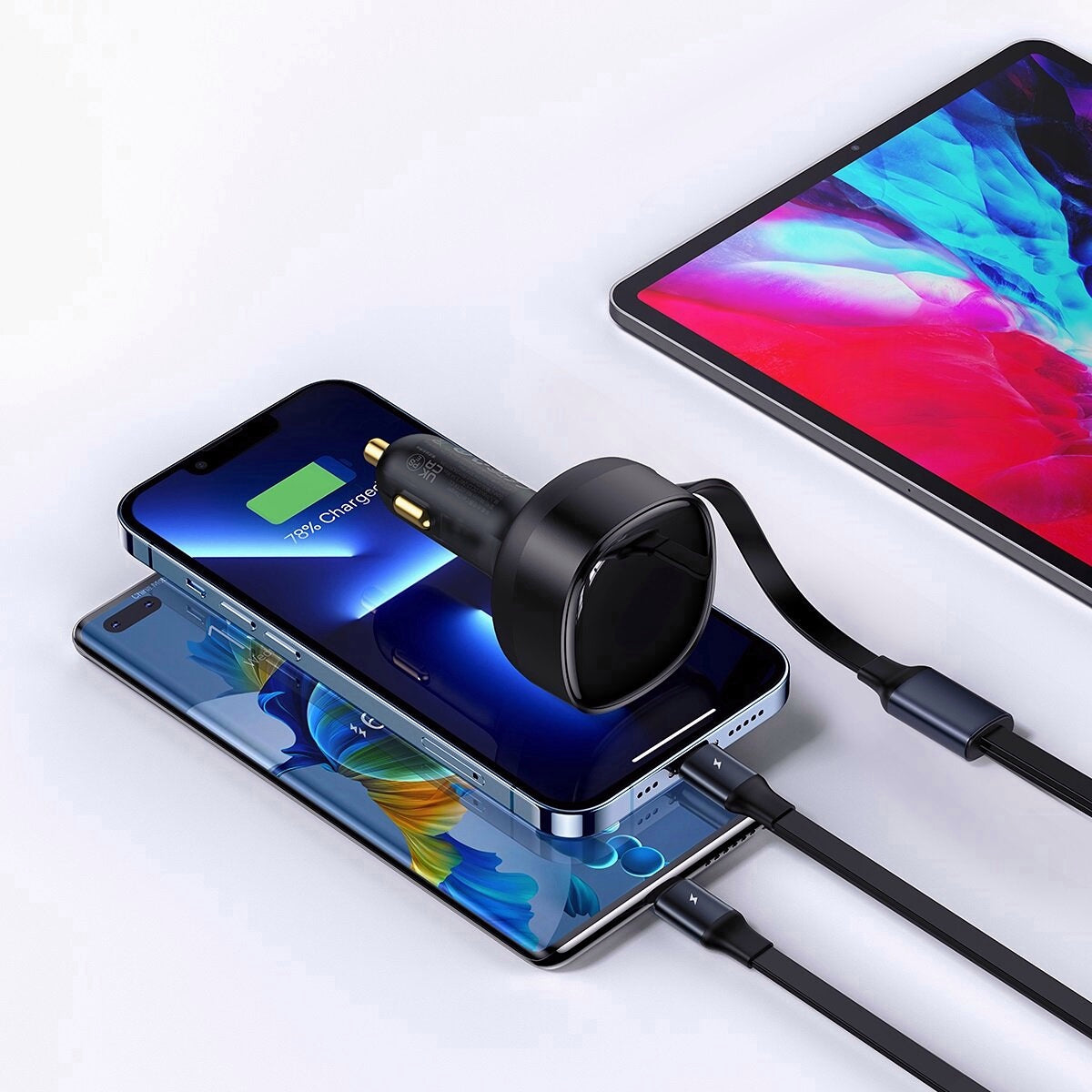 Enjoyment Retractable 2-in-1 Car Charger C+L 30W Dual Fast Charging