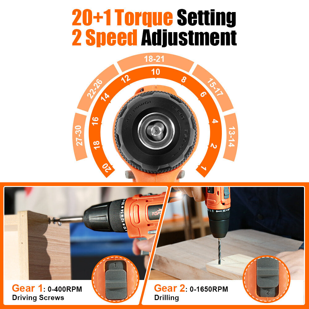 20V 10mm Electric Drill 2 Gear Speed Adjustment Switch Stepless 30N.m Torque
