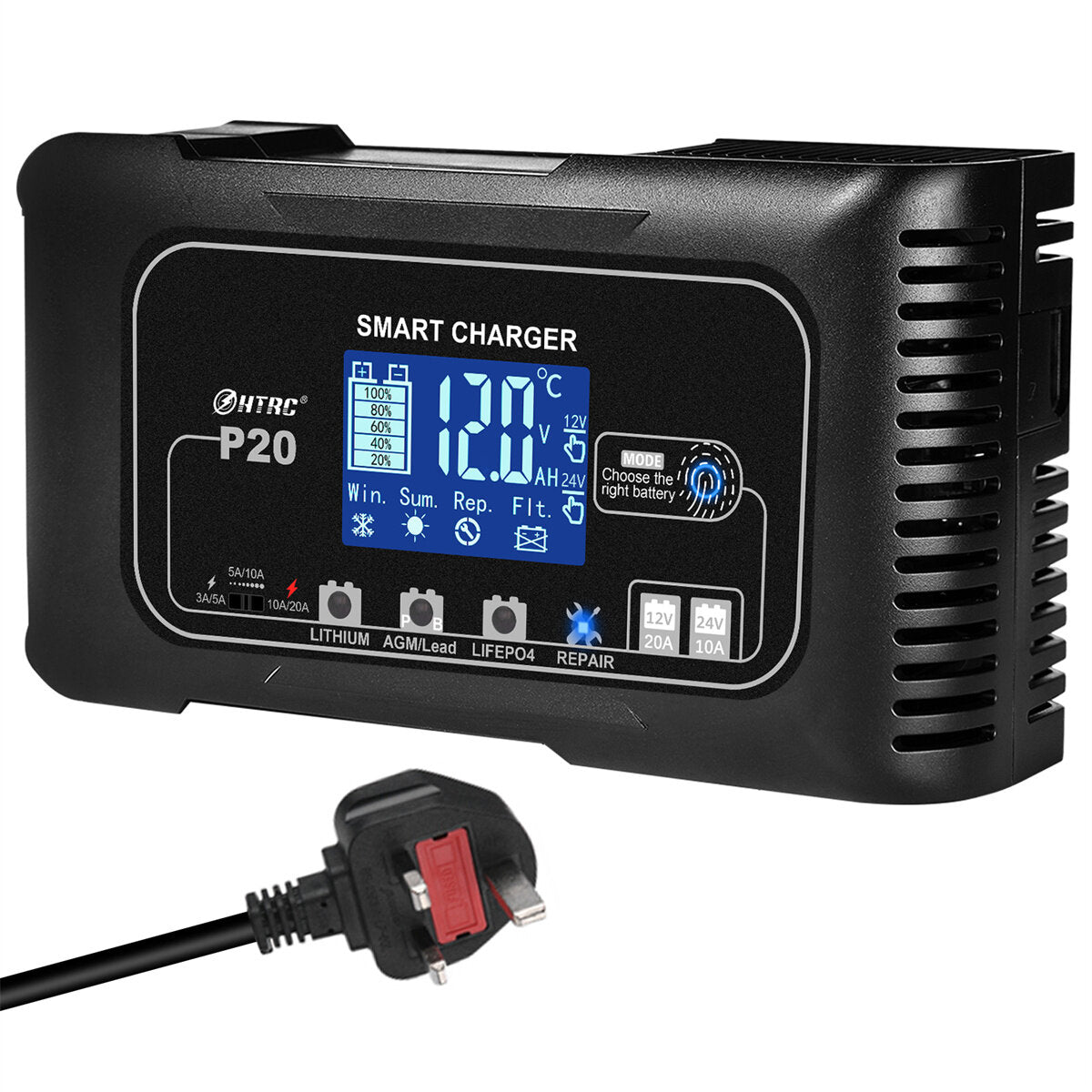 20A P20 12V-24V Smart Battery Charger For Car Motorcycle Battery Repair Charging For Auto Moto Lead Acid AGM Lithium LiFePo4 Batteries