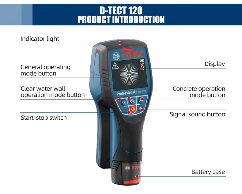 Professional D-TECT120 Wall Scanner Radar Technology Metal/Cable/Wood/Water Pipe/Wire High-precision Wall Gold plumb Dual Power Source Waterproof Construction Tool
