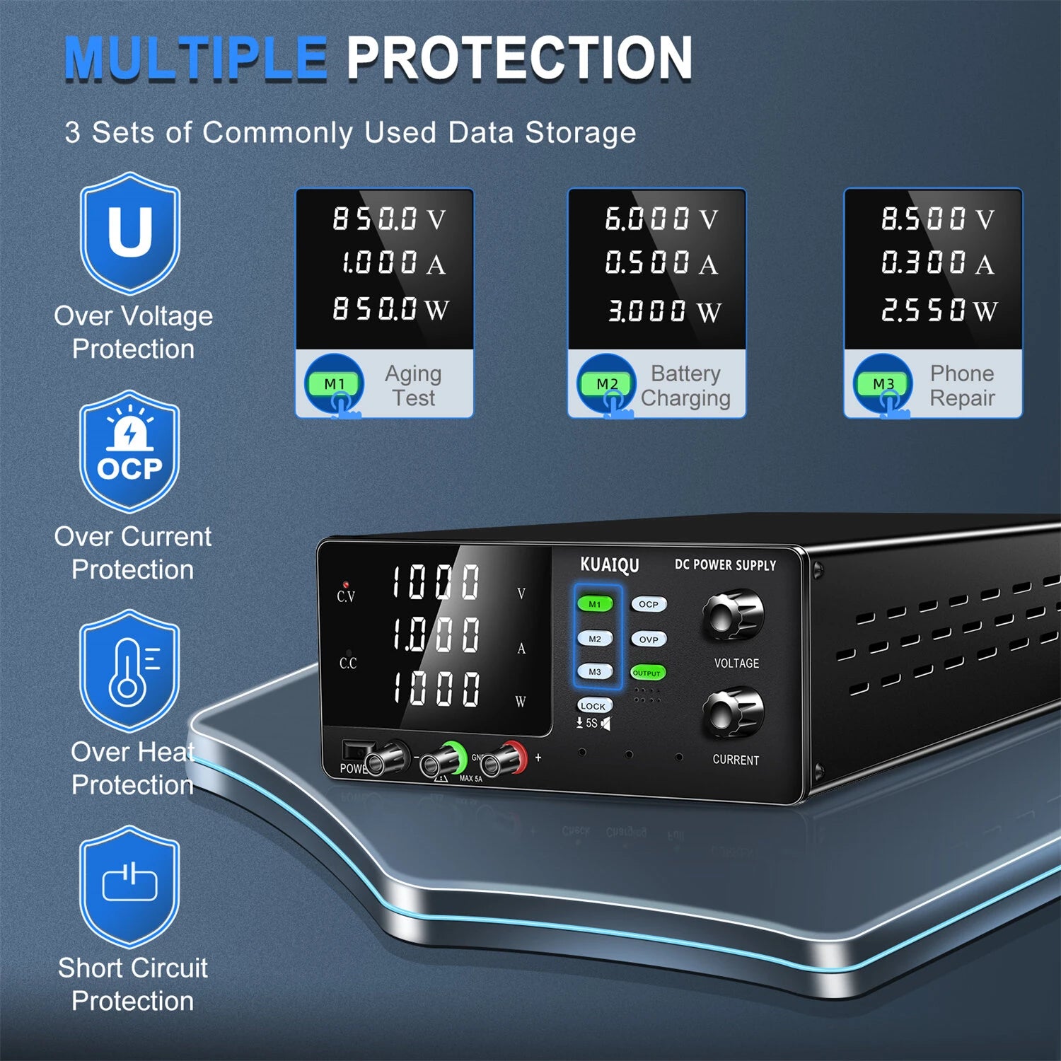 DC Power Supply 400V 600V 800V 1000V 1A RS-232 USB ommunication interfaces 4-Digit LCD Dual-Knob Encoder Memory Function OCP OVP Lock Bench Power Supply
