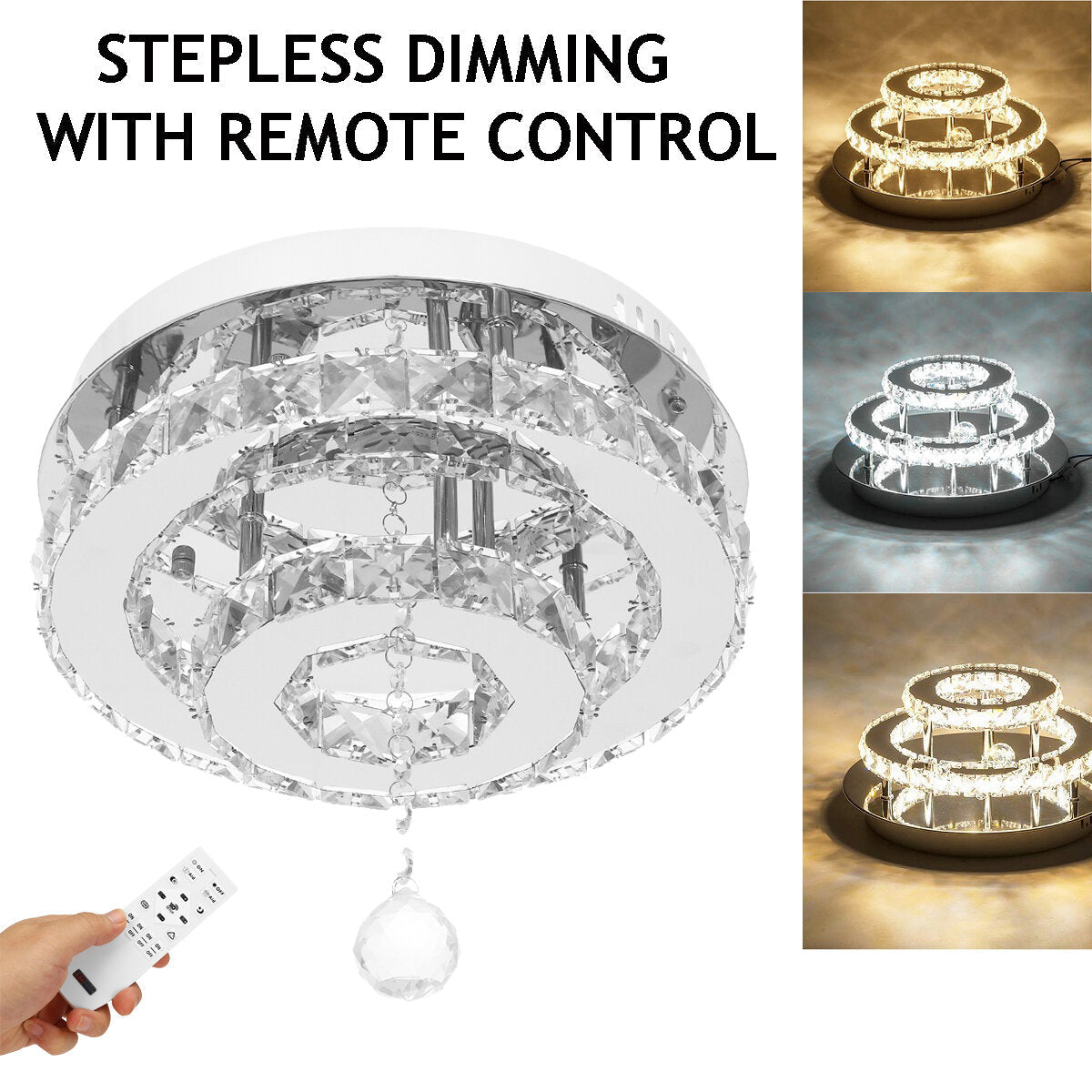 24W/48W Chandelier Crystal Stepless Dimming LED Round Ceiling Light Remote Control Fixture Decor AC100-240V