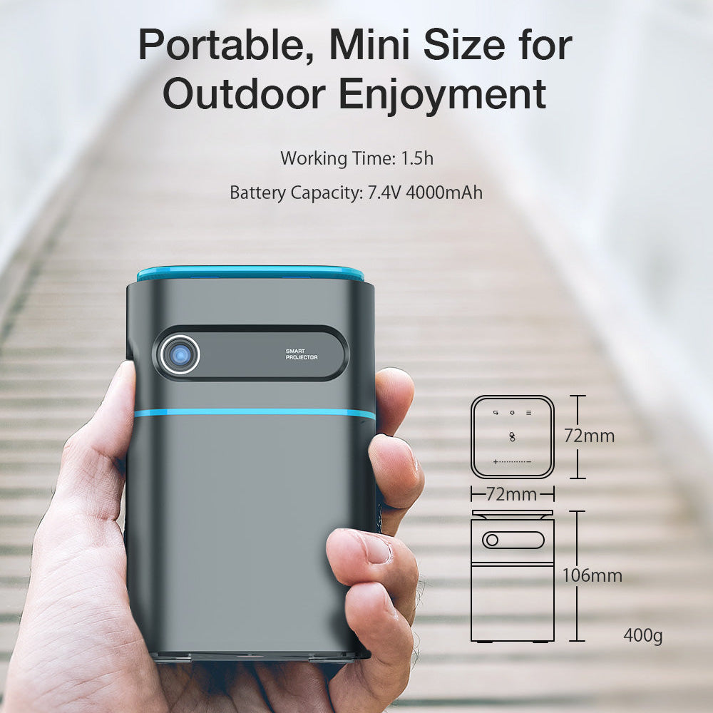 DLP Mini WIFI Projector, Android 9.0, Bluetooth 4.2, 1080P, 150 ANSI Lumens, Built-in Battery, Netflix & YouTube, Outdoor Cinema