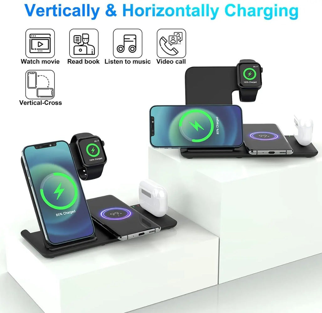 4-in-1 Wireless Charger with USB Cable, 15W Fast Charging for iPhone, Samsung, AirPods, Apple Watch - Anti-Slip Design