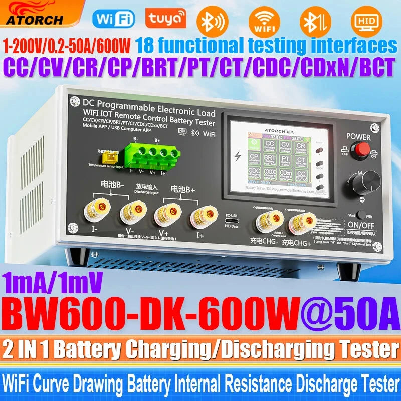 Electronic Load Tester 150/300/450/600W WiFi Tuya 0-200V 50A Battery Capacity Monitor Programmable Discharge Tool IPS Display High Precision Bluetooth Connection