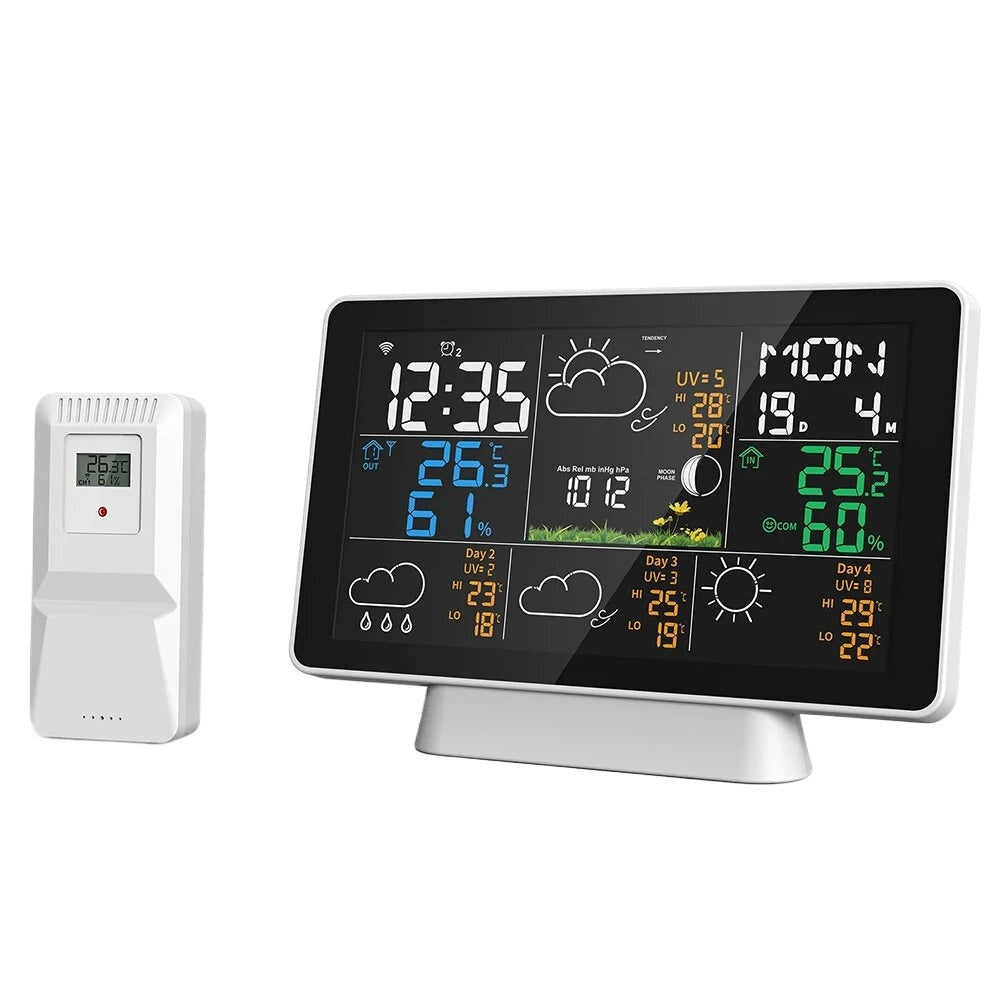 Wifi Wireless Weather Station Alarm Clock With 7.5 Inch Display / Atomic Clock / Weather Forecast / Outdoor Thermometer / Air Pressure / Moon Phase