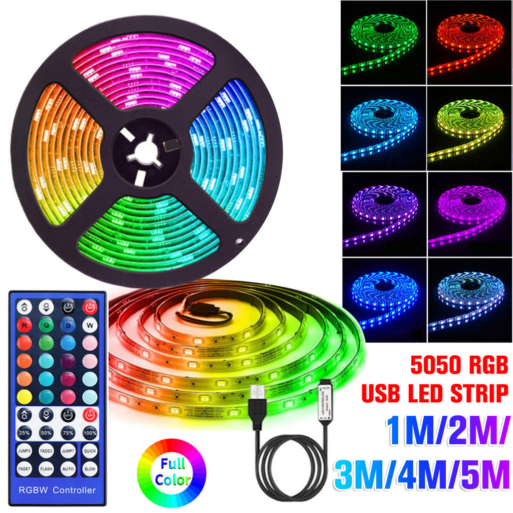 1-5M 5050 RGB USB LED Strip Light Colour Changing + 44 Keys IR Remote Control Christmas Decorations Lights