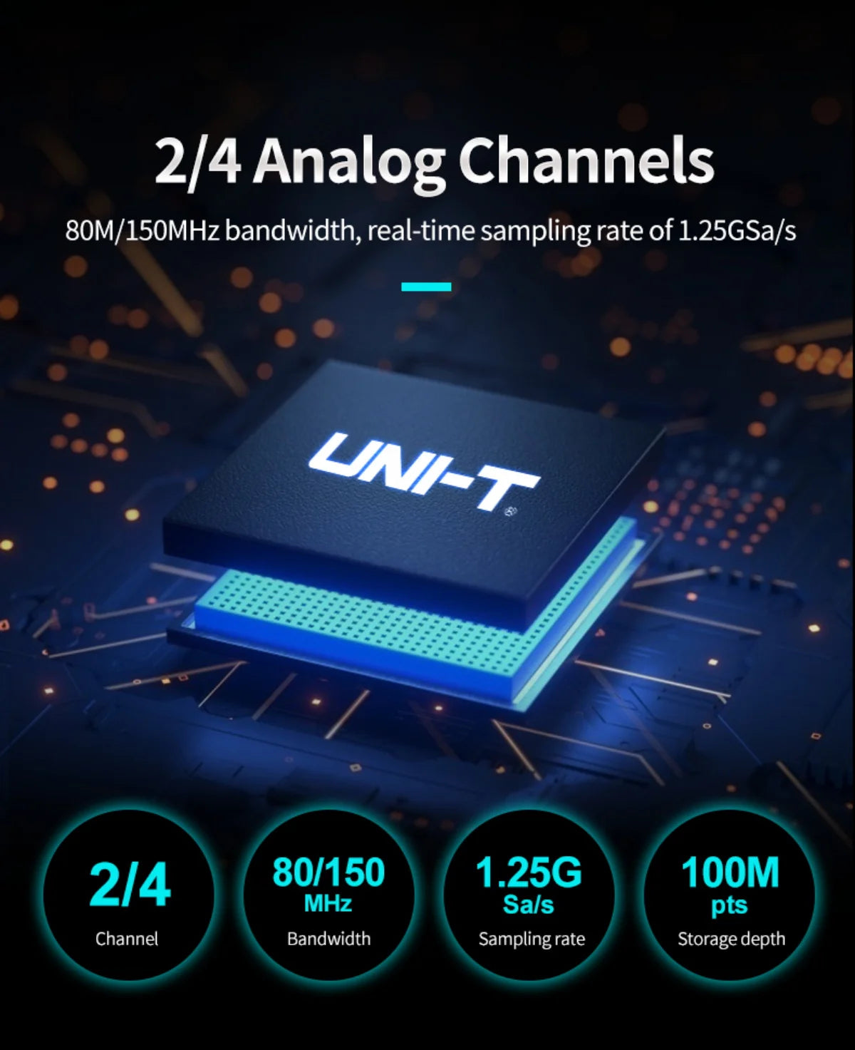 Oscilloscope 2/4 Channels 150MHz Bandwidth 12-bit ADC 1.25GSa/s Sampling Rate Large Storage Depth High-Definition Touch Screen