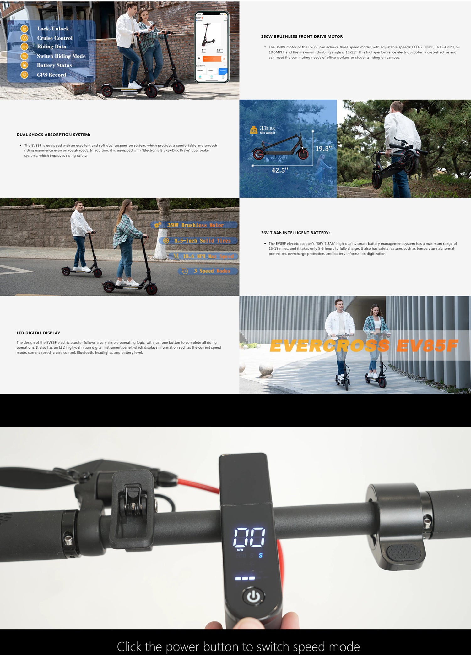 Electric Scooter 36V 7.8AH Battery 350W Motors 8.5inch Solid Tires 30KM Max Mileage 120KG Max Load Folding E-Scooter