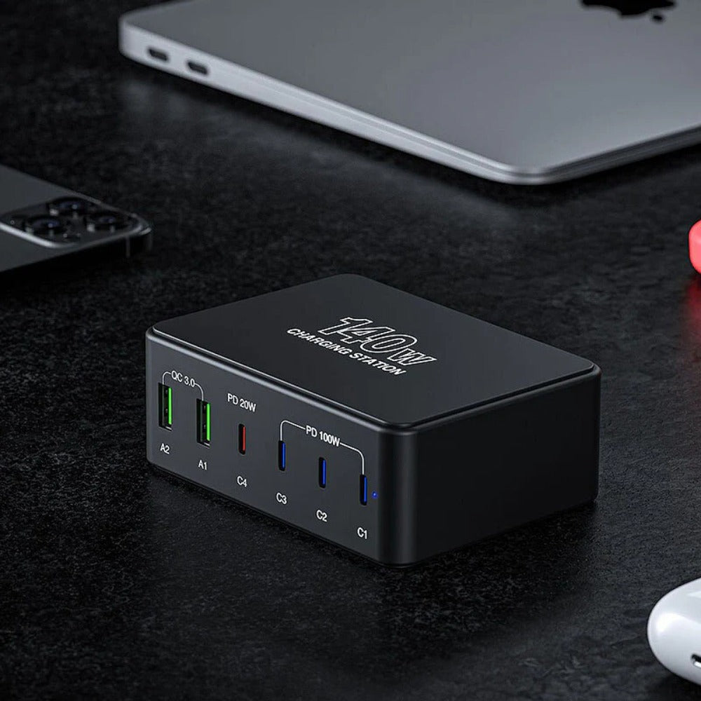 140W Desktop Charging Station - 2 USB-A & 4 USB-C Ports, EU Plug, Fast Charging, Compact Design, Black