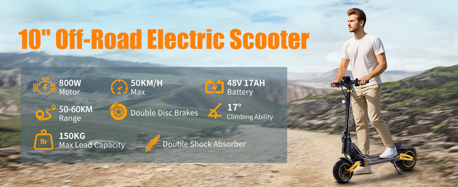 Electric Scooter 48V 17Ah Battery 800W Motor Recommended Top Speed 25KM/H 10inch Pneumatic Tires 50-60KM Max Mileage 150KG Max Load Folding E-Scooter
