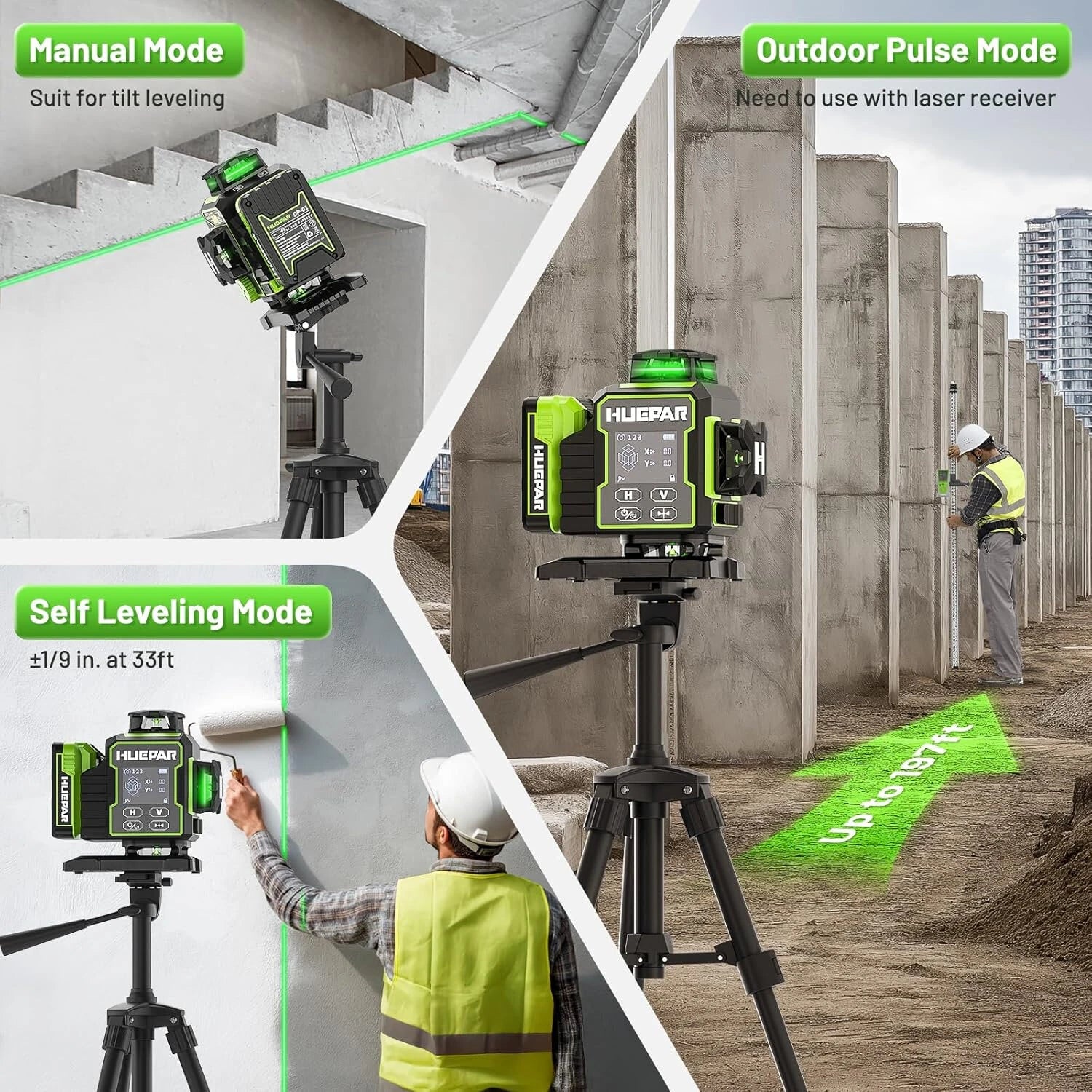 3D 12-Line / 4D 16-Line Green Laser Level, Bluetooth Control, Self-Leveling, LCD, Rechargeable Battery & IP54 Protection