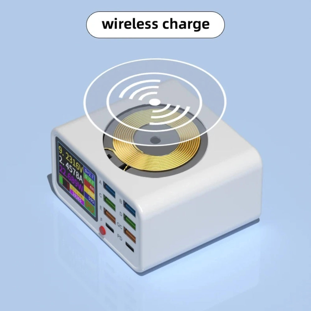 65W Dual C Ports Fast Charger with Wireless Charging, Intelligent Charging, Display Screen & Multiple Ports for Devices