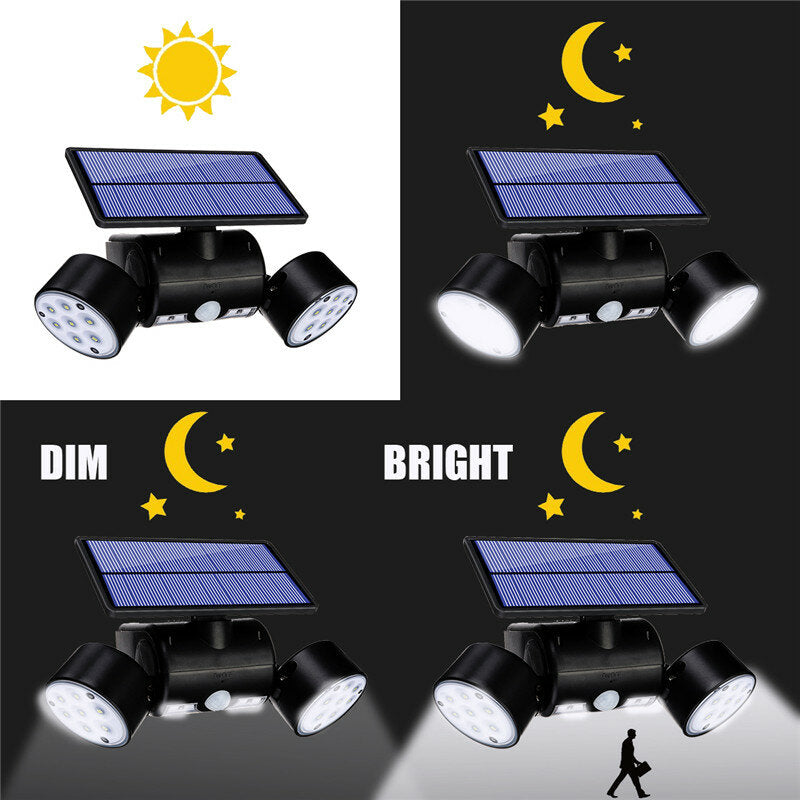 30LED Solar Power PIR Motion Sensor Wall Light Adjustable Dual Head Outdoor Spot Lamp