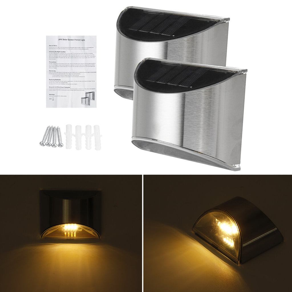 2pcs Waterproof Stainless Steel Solar Wall Lights Outdoor Fence Post Step Lights